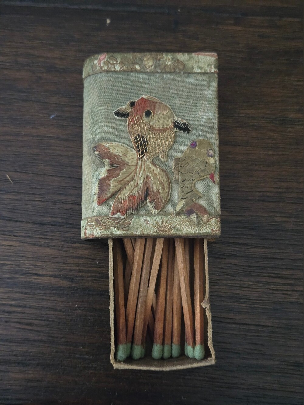 VTG 40s Asian Hand Stitched Silk Goldfish Koi Matchbox Cover Book Rare Find